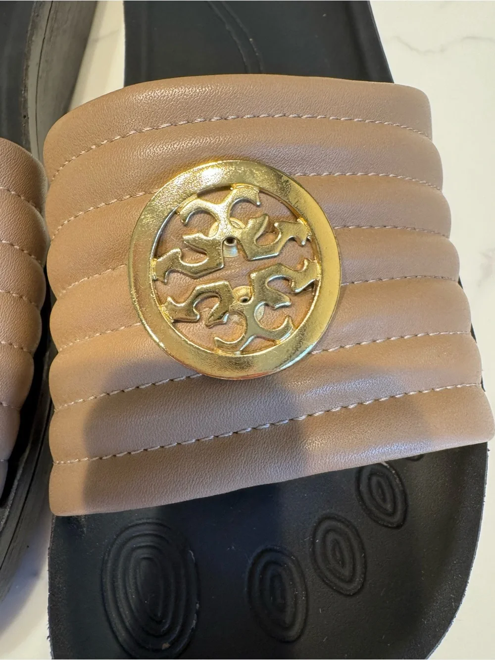 Aerothotic Tan Slide Sandals with Gold Emblem NWOT
